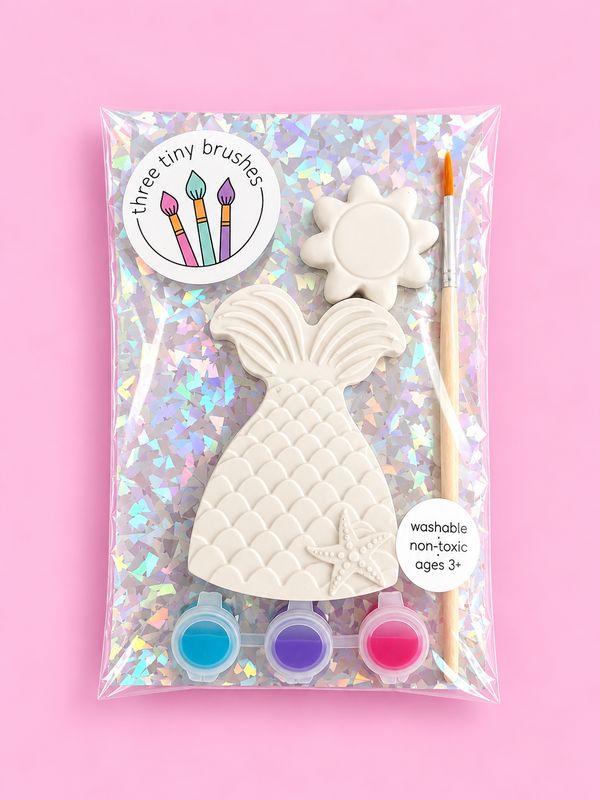 Mermaid & Sun party pack: a paintable mermaid tail and sun with three paint pots and a brush